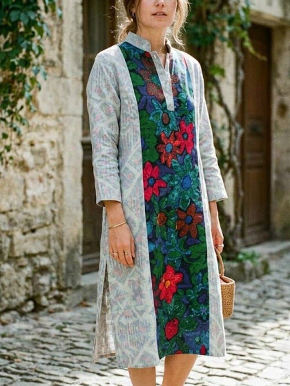 Floral Patterned Kurta with Multicolor Design/ Long Waved In Linnen